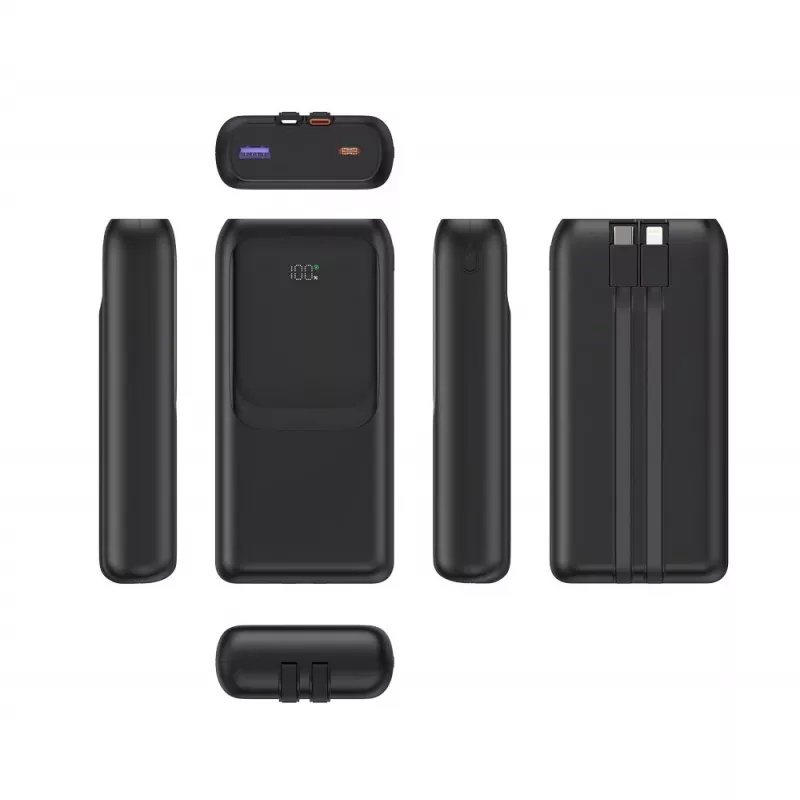 Gembird PB20-PD20-LCD-01 Greitojo įkrovimo power bank su integruotais kabeliais, 20W, 20000 mAh, juoda