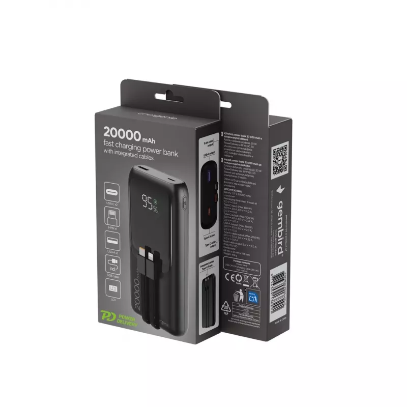 Gembird PB20-PD20-LCD-01 Greitojo įkrovimo power bank su integruotais kabeliais, 20W, 20000 mAh, juoda