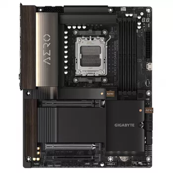 Gigabyte X870E AERO X3D DARK WOOD pagrindinė plokštė – palaiko AMD Ryzen 9000 procesorius, 16+2+2 fazių skaitmeninis VRM, iki 9000 MHz DDR5 (OC), 2x PCIe 5.0 + 2x PCIe 4.0, Wi-Fi 7, 5GbE LAN, USB 4