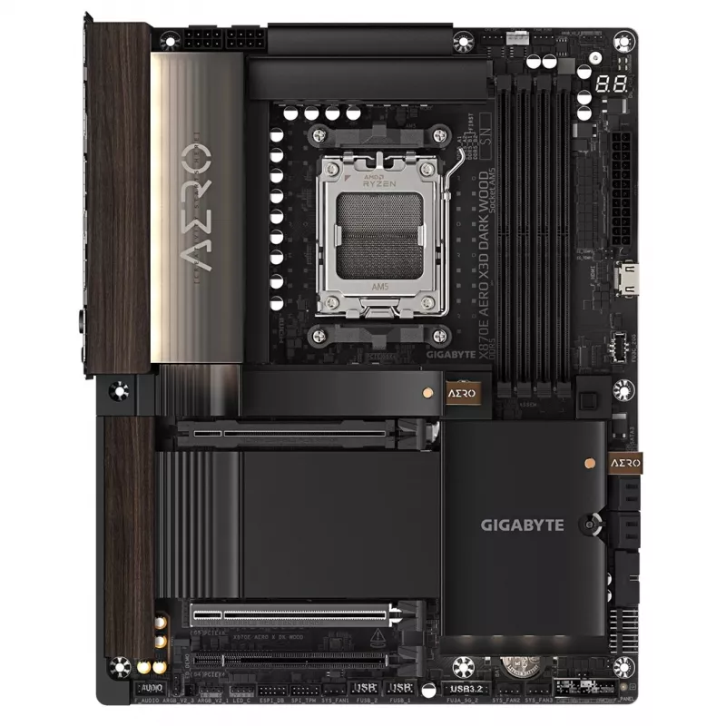 Gigabyte X870E AERO X3D DARK WOOD pagrindinė plokštė – palaiko AMD Ryzen 9000 procesorius, 16+2+2 fazių skaitmeninis VRM, iki 9000 MHz DDR5 (OC), 2x PCIe 5.0 + 2x PCIe 4.0, Wi-Fi 7, 5GbE LAN, USB 4