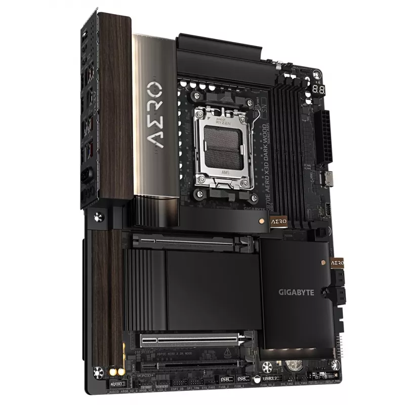 Gigabyte X870E AERO X3D DARK WOOD pagrindinė plokštė – palaiko AMD Ryzen 9000 procesorius, 16+2+2 fazių skaitmeninis VRM, iki 9000 MHz DDR5 (OC), 2x PCIe 5.0 + 2x PCIe 4.0, Wi-Fi 7, 5GbE LAN, USB 4