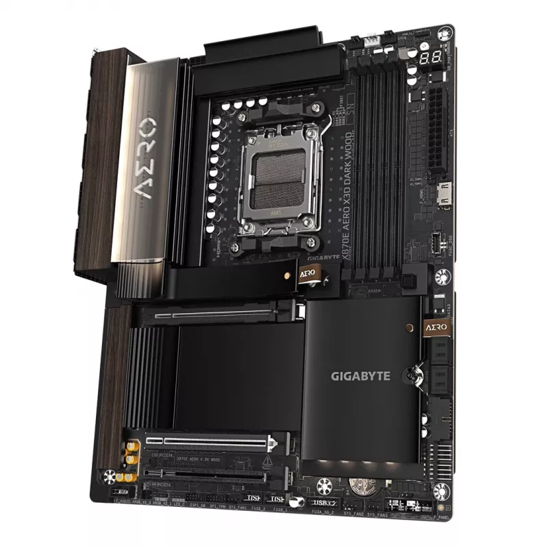 Gigabyte X870E AERO X3D DARK WOOD pagrindinė plokštė – palaiko AMD Ryzen 9000 procesorius, 16+2+2 fazių skaitmeninis VRM, iki 9000 MHz DDR5 (OC), 2x PCIe 5.0 + 2x PCIe 4.0, Wi-Fi 7, 5GbE LAN, USB 4