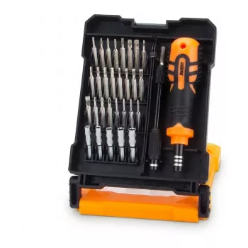 Synergy 21 25-in-1 Precision Screwdriver Set su antgaliais, pincetu, atidarymo įrankiais, siurbimo taurele, SIM išėmimo kaiščiu, prailginimo strypu, magnetiniais antgaliais, besisukančiu dangteliu, S2 legiruoto plieno antgaliais, aliuminio rankena, plasti