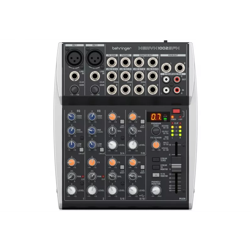 Behringer XENYX 1002SFX garso maišytuvas su 10 įėjimų, 2 XENYX mikrofonų išankstiniais stiprintuvais, 3 juostų ekvalaizeriu, KLARK TEKNIX FX procesoriumi, 100 išankstinių nustatymų