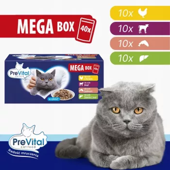 PREVITAL Mega Box Veršiena, Lašiša, Kepenėlės, Vištiena – šlapias kačių ėdalas – 40x100g