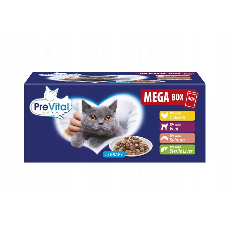 PREVITAL Mega Box Veršiena, Lašiša, Kepenėlės, Vištiena – šlapias kačių ėdalas – 40x100g