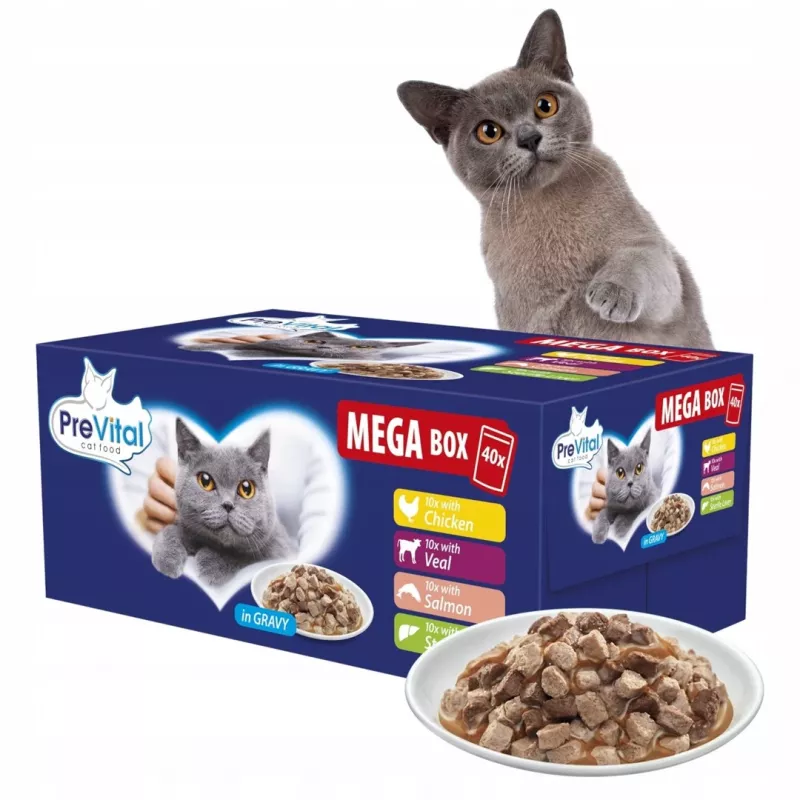 PREVITAL Mega Box Veršiena, Lašiša, Kepenėlės, Vištiena – šlapias kačių ėdalas – 40x100g