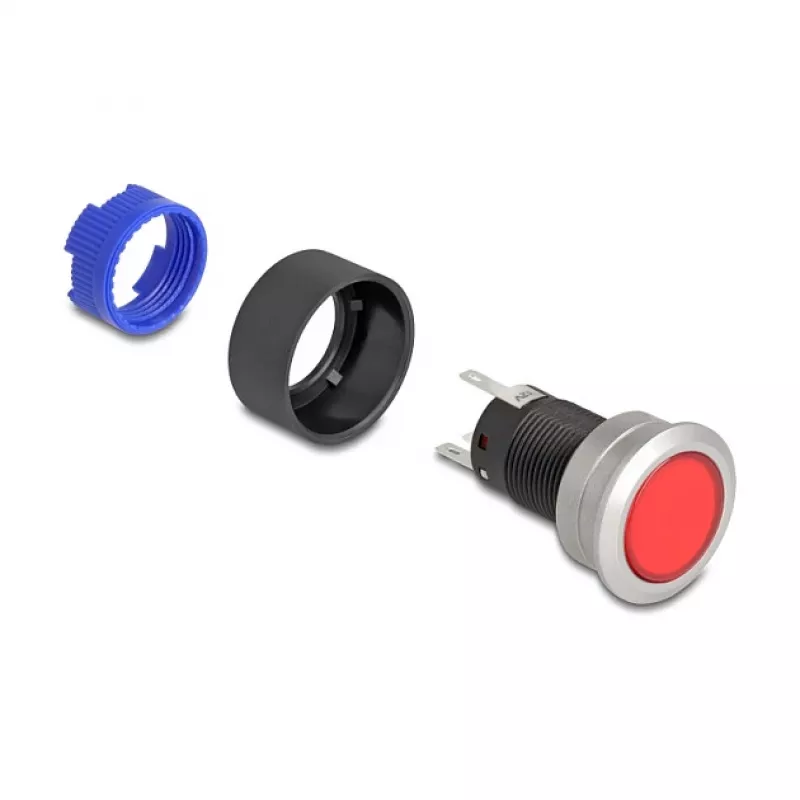 Delock 22 mm skydinis mygtukas, plokščias, raudonas LED, litavimo gnybtai, 1 NO, 230 V AC/DC