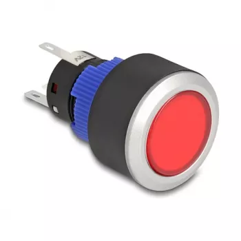 Delock 22 mm skydinis mygtukas, plokščias, raudonas LED, litavimo gnybtai, 1 NO, 230 V AC/DC