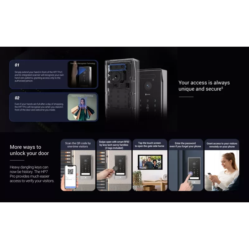 EZVIZ HP7 Pro 4K IP vaizdo domofono rinkinys su 7 colių jutikliniu monitoriumi, Wi-Fi 6, delno skaitytuvu, veido atpažinimu, RFID, IP65 lauko stotele