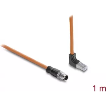 Delock M12 į RJ45 kabelis X-koduotas 8 kontaktų tiesus kištukas į kampuotą kištuką S/FTP ekranuotas Cat.6A 1 m oranžinis
