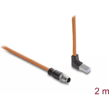 Delock M12 X-coded 8-pin Male Straight to RJ45 Male Upward Angled S/FTP Shielded Cat.6A Patch Cable 2 m Orange