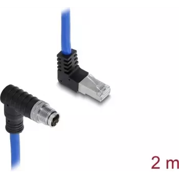 Delock M12 kabelis X-coded 8 kontaktų vyriškas žemyn lenktas į RJ45 vyrišką aukštyn lenktą S/FTP ekranuotas 2 m mėlynas (81012)