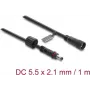Delock DC ilginimo laidas 5,5 x 2,1 mm kištukas į lizdą su sraigtiniu fiksavimu M12 x 1,75 mm sriegis, vandeniui atsparus, 18 AWG, 1 m, juodas