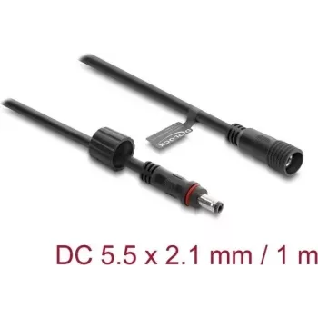 Delock DC ilginimo laidas 5,5 x 2,1 mm kištukas į lizdą su sraigtiniu fiksavimu M12 x 1,75 mm sriegis, vandeniui atsparus, 18 AWG, 1 m, juodas