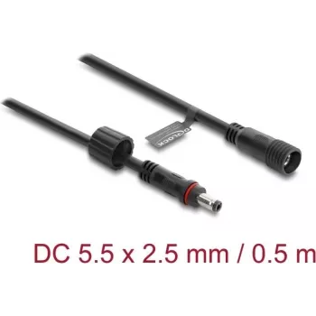 Delock DC ilginimo laidas 5,5 x 2,5 mm kištukas į lizdą su sraigtiniu fiksatoriumi M12 x 1,75 mm sriegiu, vandeniui atsparus, 18 AWG, 0,5 m, juodas (67385)