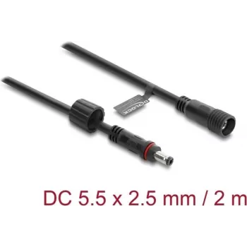 Delock DC ilginimo laidas 5,5 x 2,5 mm kištukas į lizdą su sraigtiniu fiksatoriumi M12 x 1,75 mm sriegis, vandeniui atsparus, 18 AWG, 2 m, juodas