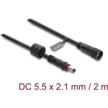 Delock DC ilginamasis kabelis 5,5 x 2,1 mm kištukas į lizdą su sraigtiniu fiksatoriumi M12 x 1,75 mm sriegis, vandeniui atsparus, 18 AWG, 2 m, juodas (67384)