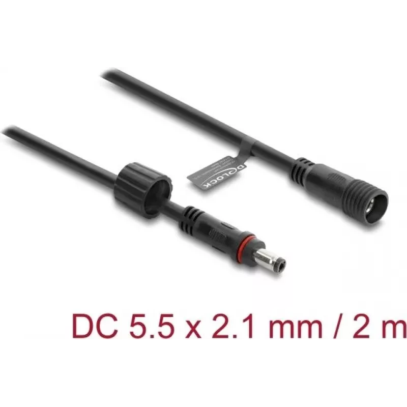 Delock DC ilginamasis kabelis 5,5 x 2,1 mm kištukas į lizdą su sraigtiniu fiksatoriumi M12 x 1,75 mm sriegis, vandeniui atsparus, 18 AWG, 2 m, juodas (67384)