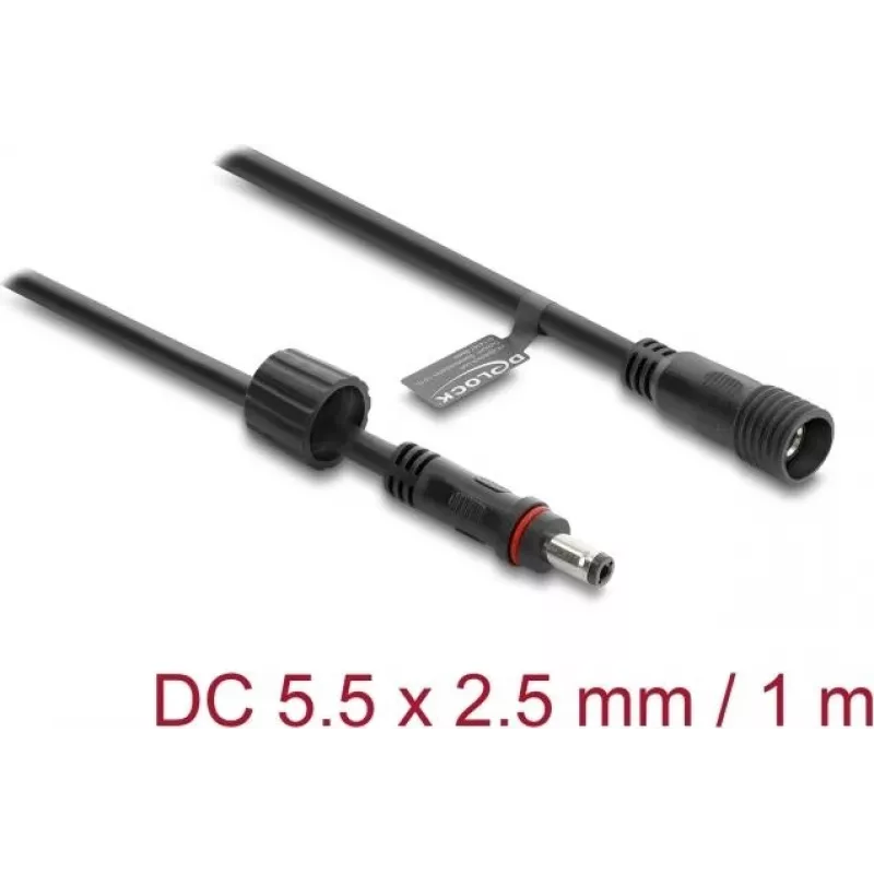 Delock DC ilginimo laidas 5,5 x 2,5 mm kištukas į lizdą su sraigtiniu fiksatoriumi M12 x 1,75 mm sriegis, vandeniui atsparus, 18 AWG, 1 m, juodas (67386)