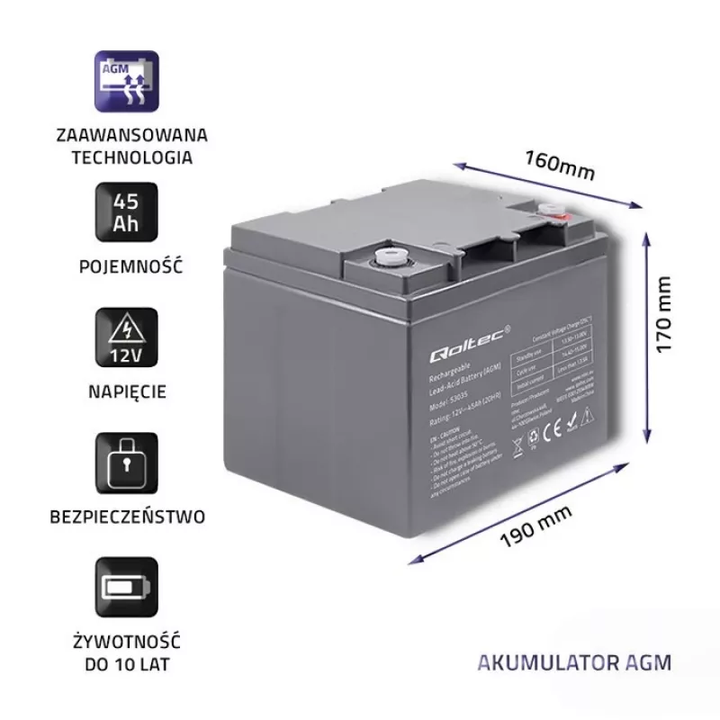 Qoltec 53035 AGM akumuliatorius 12V 45Ah 540A