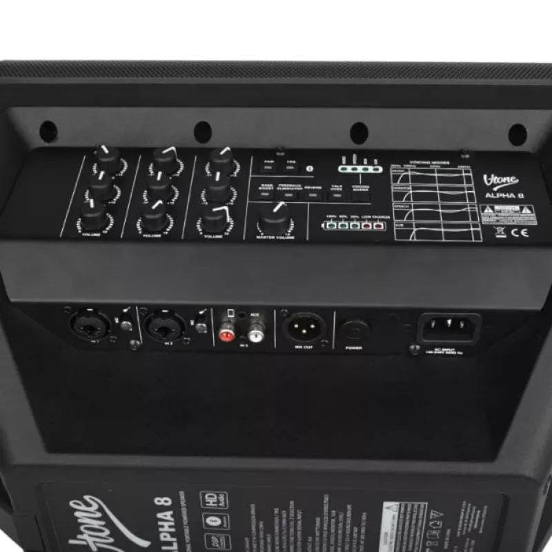 V-TONE ALPHA 8 Aktyvi baterijinė kolonėlinė PA sistema su įmontuotu mikšeriu, 300W RMS, 8 inch žemų dažnių garsiakalbis, Bluetooth, USB/SD, Reverb