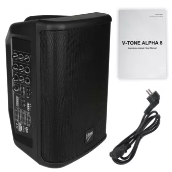 V-TONE ALPHA 8 Aktyvi baterijinė kolonėlinė PA sistema su įmontuotu mikšeriu, 300W RMS, 8 inch žemų dažnių garsiakalbis, Bluetooth, USB/SD, Reverb
