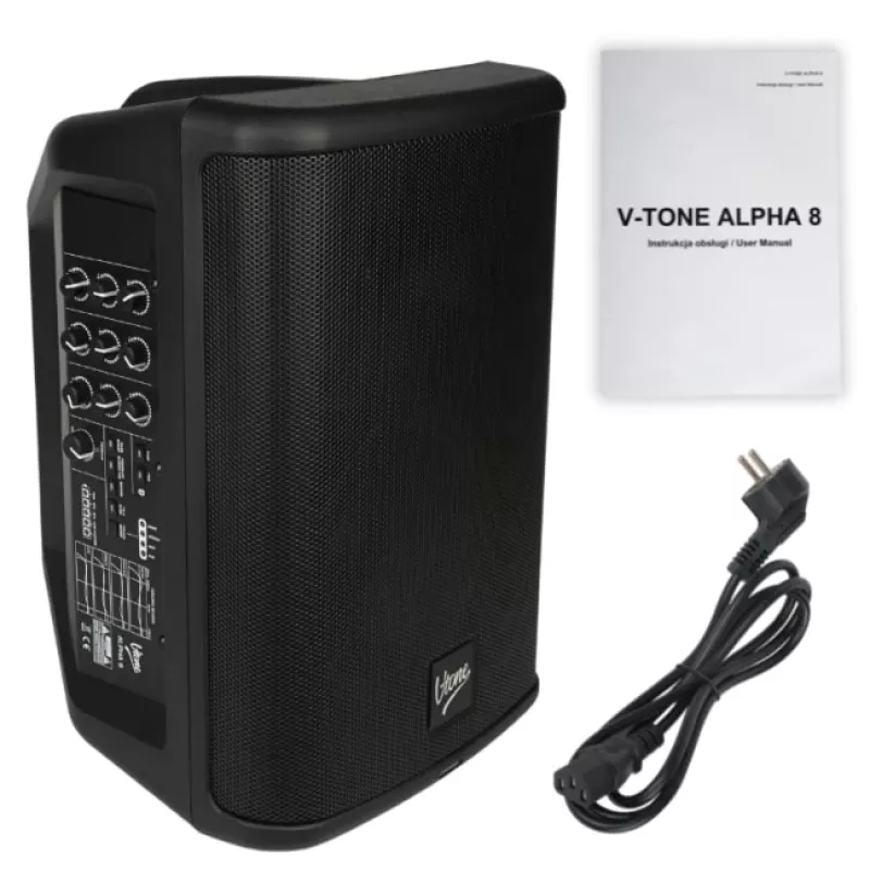 V-TONE ALPHA 8 Aktyvi baterijinė kolonėlinė PA sistema su įmontuotu mikšeriu, 300W RMS, 8 inch žemų dažnių garsiakalbis, Bluetooth, USB/SD, Reverb