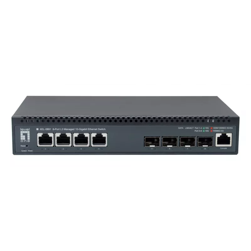 LevelOne 8-Port L3 Managed 10-Gigabit Switch, 4 x 1G/2.5G/5G/10G RJ45, 4 x 1G/2.5G/10G SFP+ Uplinks