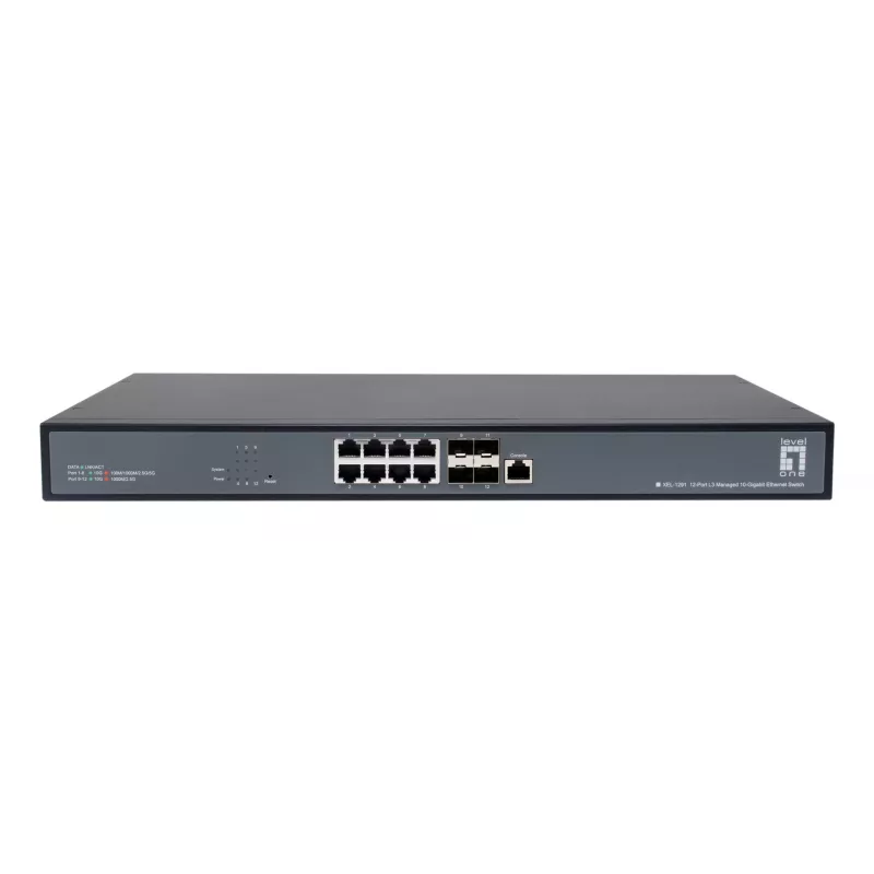LevelOne 12-Port L3 Managed 10-Gigabit Switch, 8 x 1G/2.5G/5G/10G RJ45, 4 x 1G/2.5G/10G SFP+ Uplinks, 240Gbps Non-Blocking Fabric, 19-Inch Rackmount