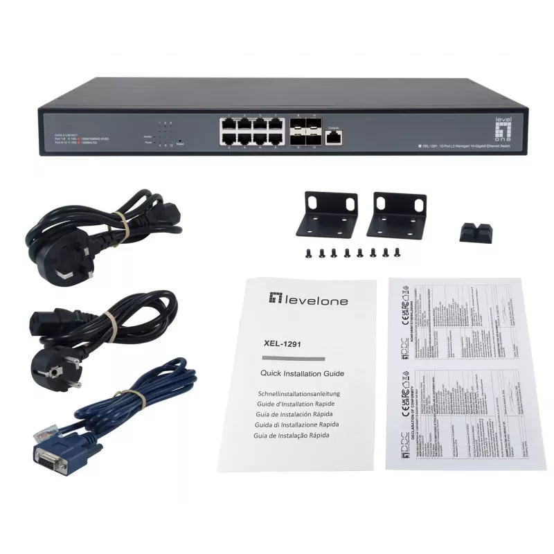 LevelOne 12-Port L3 Managed 10-Gigabit Switch, 8 x 1G/2.5G/5G/10G RJ45, 4 x 1G/2.5G/10G SFP+ Uplinks, 240Gbps Non-Blocking Fabric, 19-Inch Rackmount