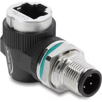Delock M12 adapteris D-koduotas 4 kontaktų kištukas į RJ45 lizdą, skydinis montavimas, apvalus, 90° kampu (90664)