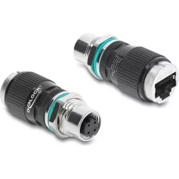 Delock M12 adapteris D-koduotas 4 kontaktų moteriškas į RJ45 moterišką, montuojamas į skydą, apvalus, tiesus