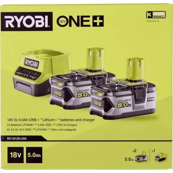 RYOBI RC18120-250 2x 18V 5.0Ah Lithium+ baterijų rinkinys su kompaktišku įkrovikliu