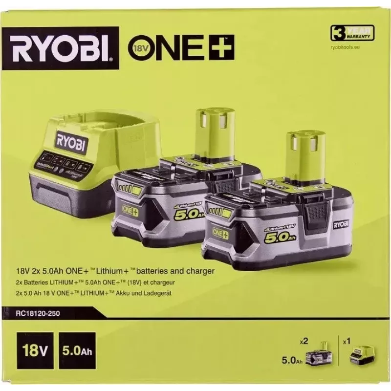 RYOBI RC18120-250 2x 18V 5.0Ah Lithium+ baterijų rinkinys su kompaktišku įkrovikliu