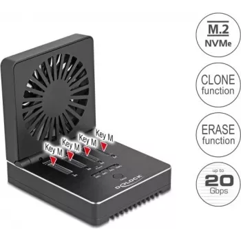 Delock USB 20 Gbps M.2 Docking Station, skirta 4 x M.2 NVMe PCIe SSD su klonavimo ir trynimo funkcija