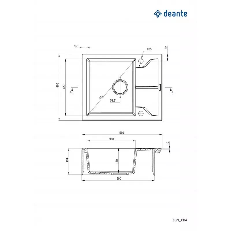 DEANTE 1-Bowl Granite Sink with Drainer Graphite Metallic Andante