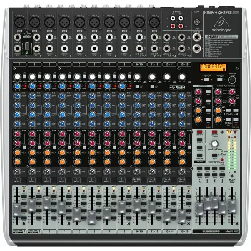 Behringer QX2442USB 24 įėjimų 4/2 magistralės analoginis maišytuvas su USB sąsaja ir FX