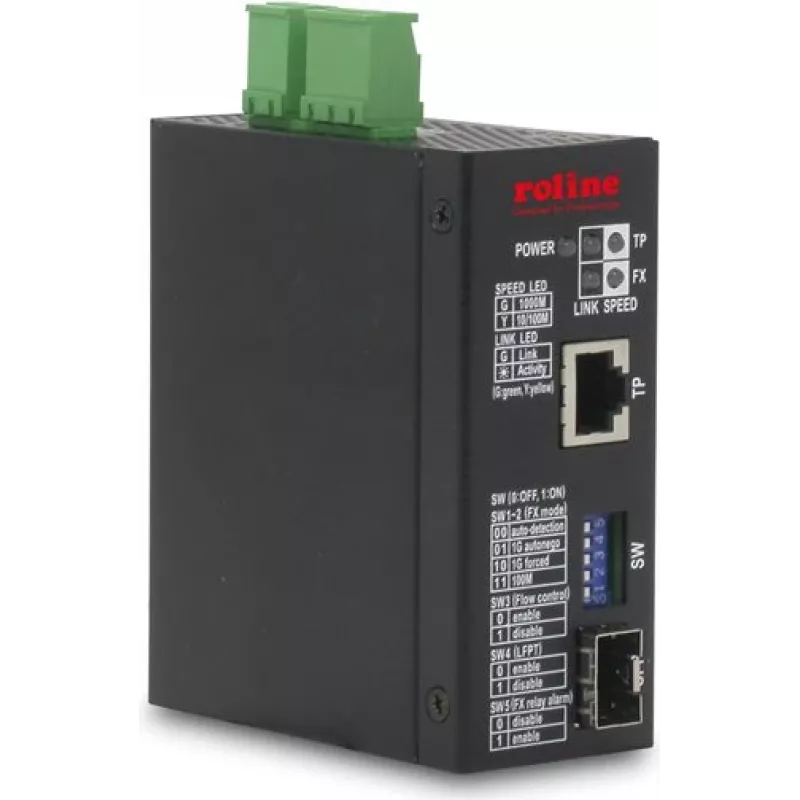 ROLINE Industrial Gigabit Ethernet Media Converter 10/100/1000Base-T į 100/1000Base-X SFP, DIN-Rail, -40°C iki 75°C