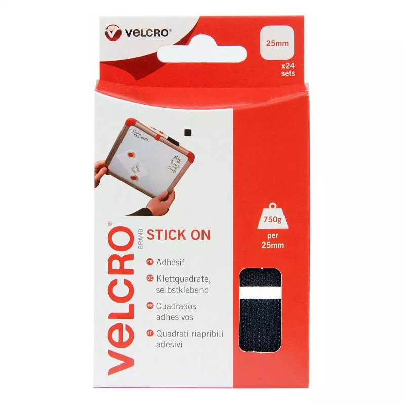 VELCRO Stick On Hook & Loop Squares 25mm x 25mm, lipnios, juodos, 24 rinkiniai (48 vnt.)