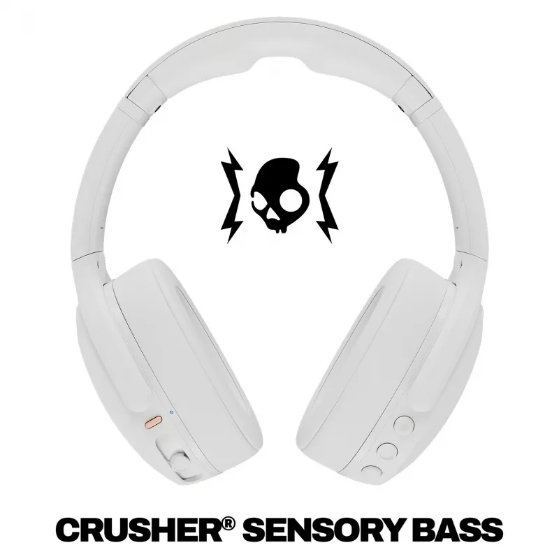 Skullcandy Crusher Evo belaidžiai ausiniai su jutikliniu žemu dažniu, Bluetooth 5.0, 40 valandų baterija, balti