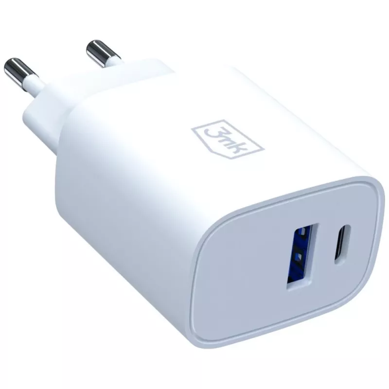 3MK FlowPower 30W USB-A USB-C PD 3.0 QC 4+ sieninis įkroviklis baltas
