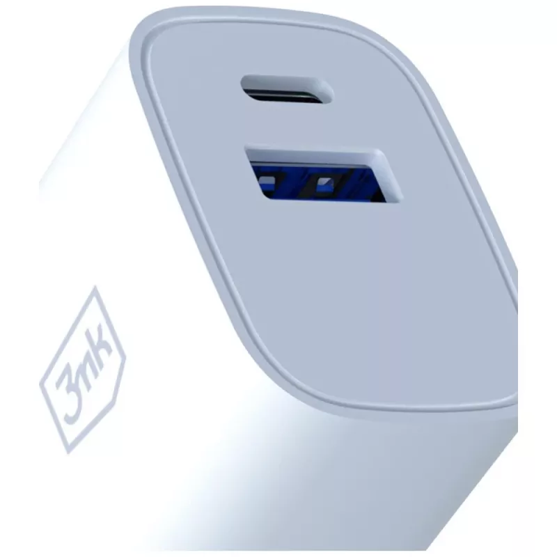 3MK FlowPower 30W USB-A USB-C PD 3.0 QC 4+ sieninis įkroviklis baltas