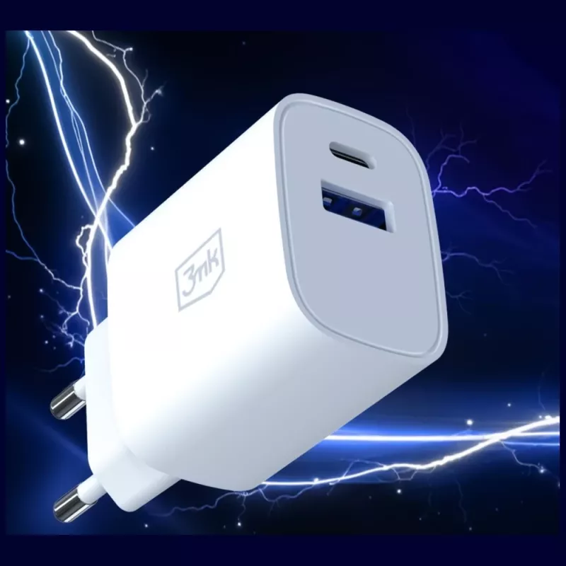 3MK FlowPower 30W USB-A USB-C PD 3.0 QC 4+ sieninis įkroviklis baltas