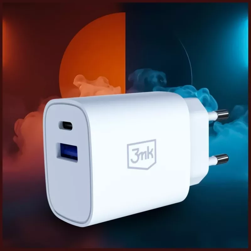 3MK FlowPower 30W USB-A USB-C PD 3.0 QC 4+ sieninis įkroviklis baltas