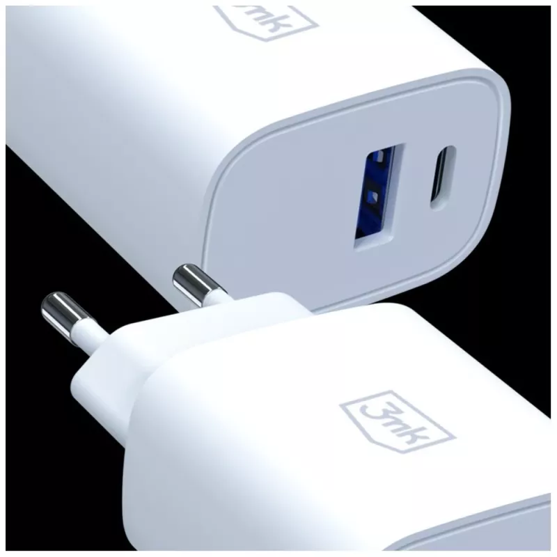 3MK FlowPower 30W USB-A USB-C PD 3.0 QC 4+ sieninis įkroviklis baltas