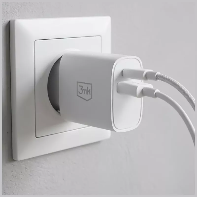 3MK FlowPower 30W USB-A USB-C PD 3.0 QC 4+ sieninis įkroviklis baltas