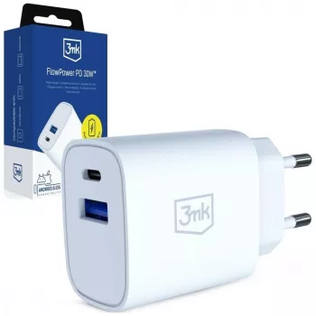 3MK FlowPower 30W USB-A USB-C PD 3.0 QC 4+ sieninis įkroviklis baltas