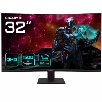 GIGABYTE GS32QC 31.5 colio QHD lenktas žaidimų monitorius - 2560 x 1440, 1500R, 165Hz, 1ms, 300 cd/m², FreeSync Premium, HDR Ready, HDMI 2.0, DisplayPort 1.4