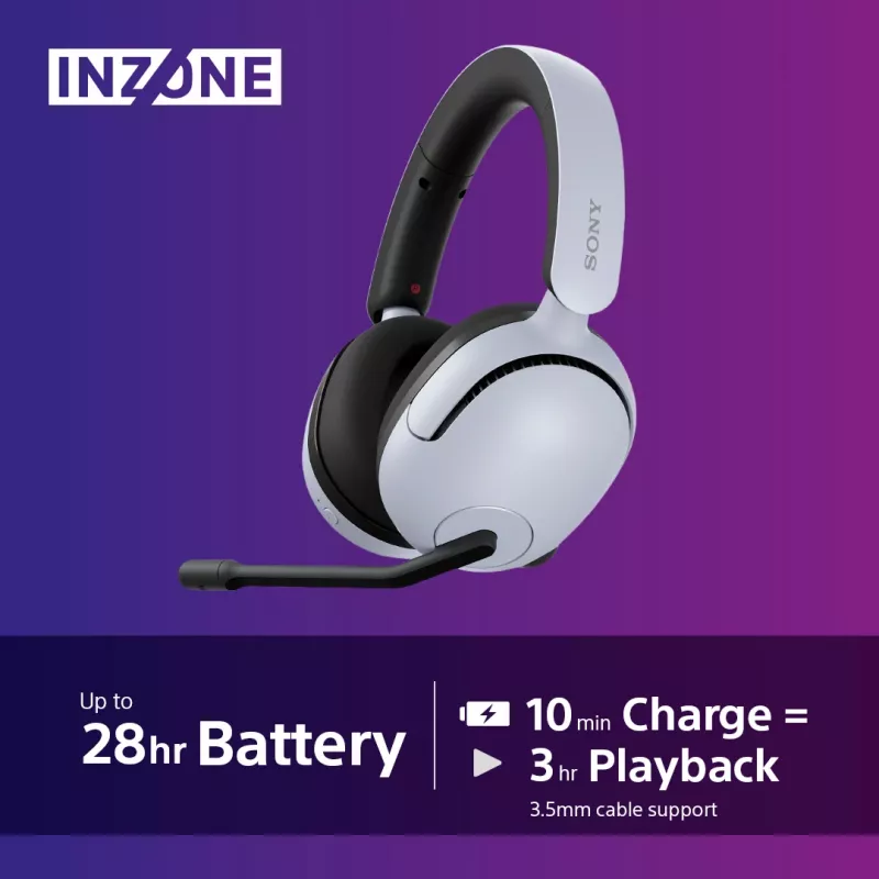 Sony INZONE H5 belaidės ausinės žaidimams, uždengiančios ausis, su mikrofonu, balta